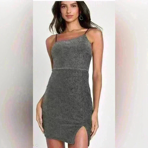 Lulus Dresses & Skirts - Lulus Take Me Anywhere Silver Sparkly Asymmetrical Bodycon Mini Dress Small